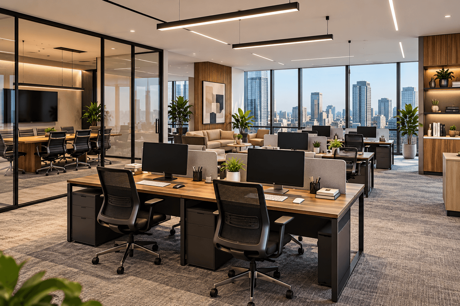 A bright open-plan office with wooden desks, a glass meeting room and a city view